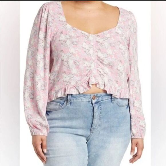 ABOUND Cinched Floral Blouse Pink Cream Blue Long Sleeve Crop Top Size 1X - Picture 1 of 11